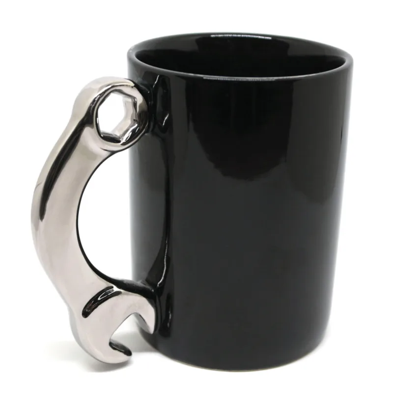 

HF Wrench Ceramic Cup Creative Tool Coffee Mug Spanner Travel Mug Silver Handle Black Tea Water Drinkware Household Office