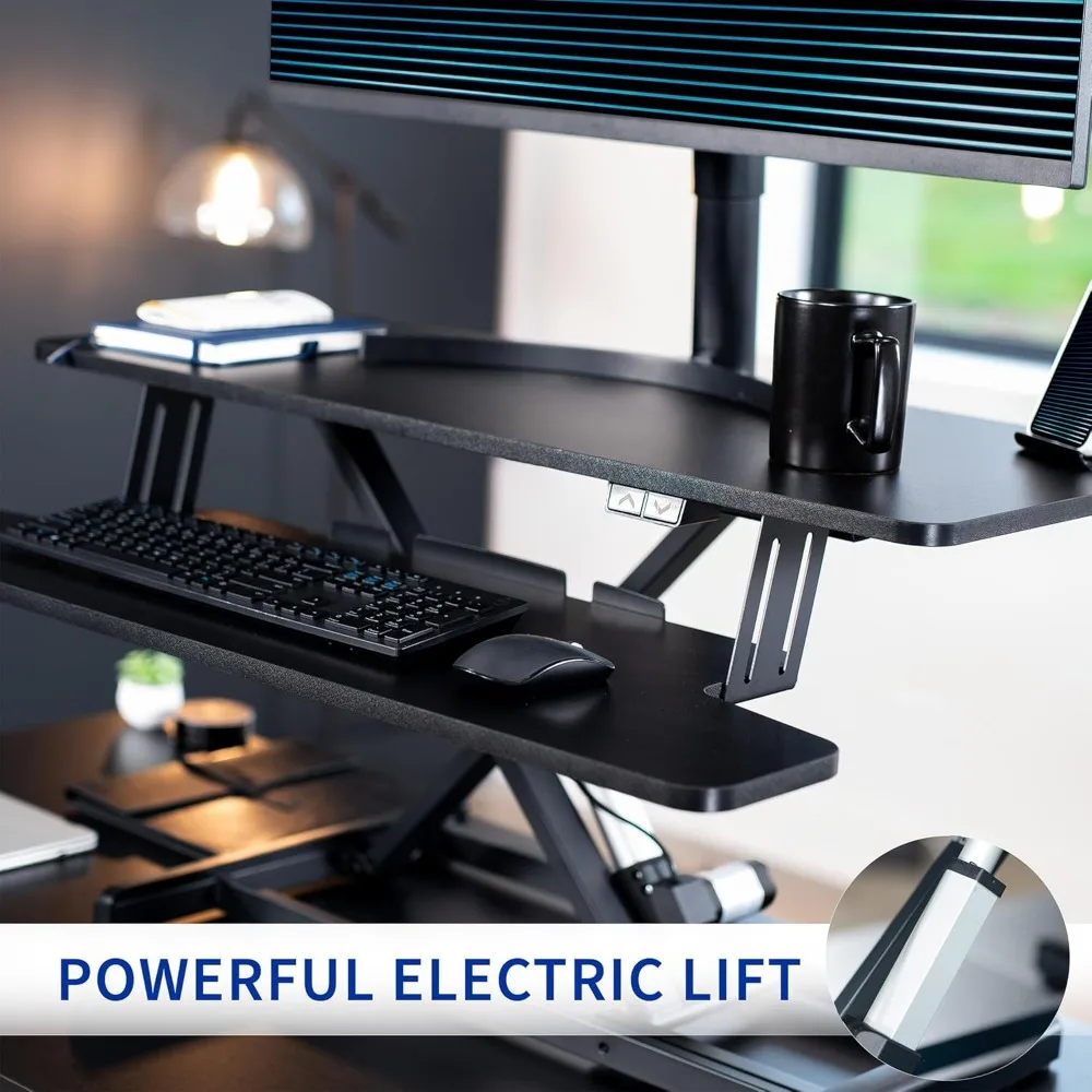 Electric Motor Desk Converter, Height Adjustable Riser, Sit to Stand Dual Monitor and Laptop Workstation with Wide