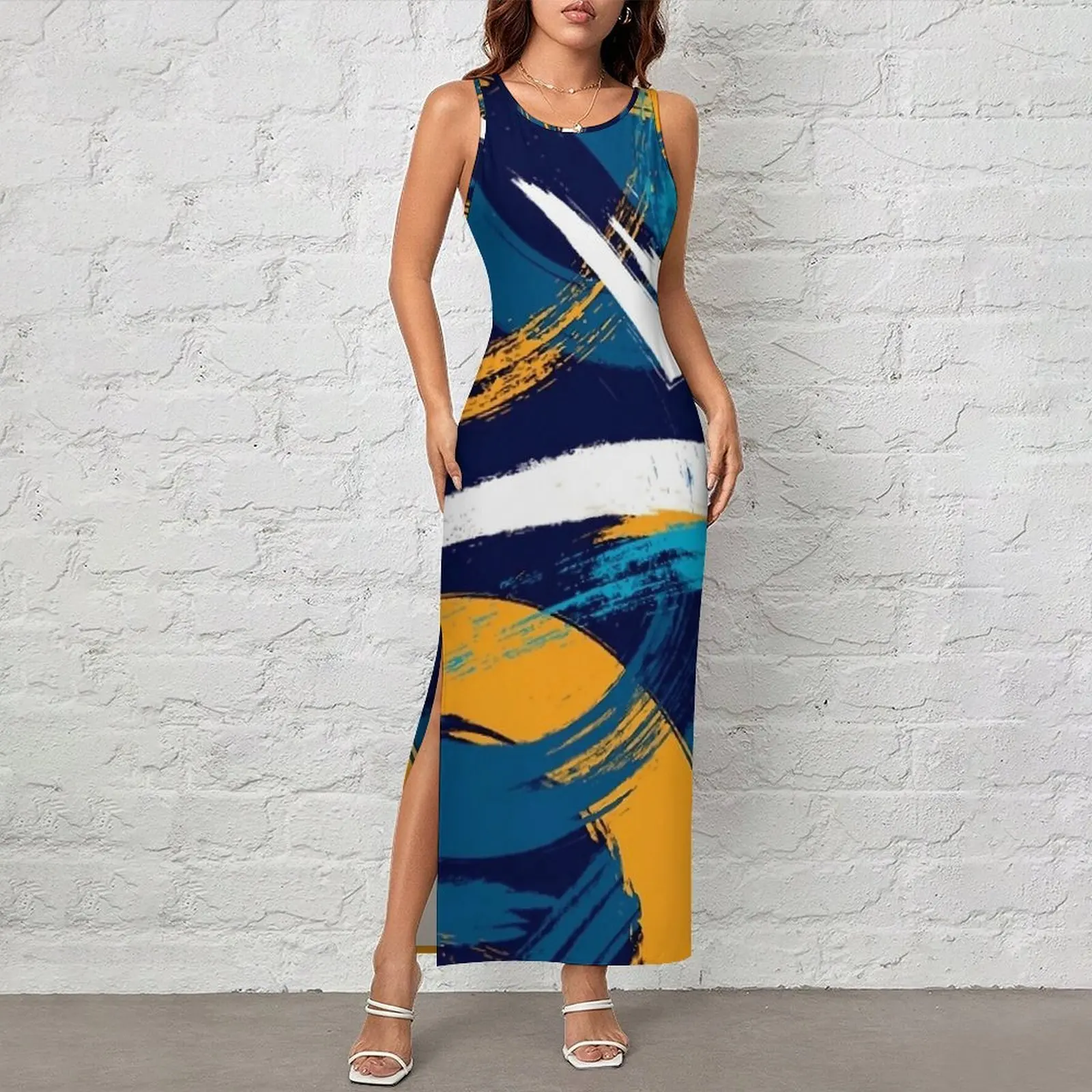 Brush Print Bodycon Dress Summer Blue Yellow White Modern Maxi Dresses Women Sleeveless Graphic Street Fashion Dress Big Size