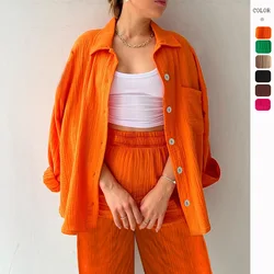 NHKDSASA Home Suit for Women Lapels Long Sleeved Buttons Shirt Trousers Sets Pajama Casual Two piece Set of Cardigan Pants