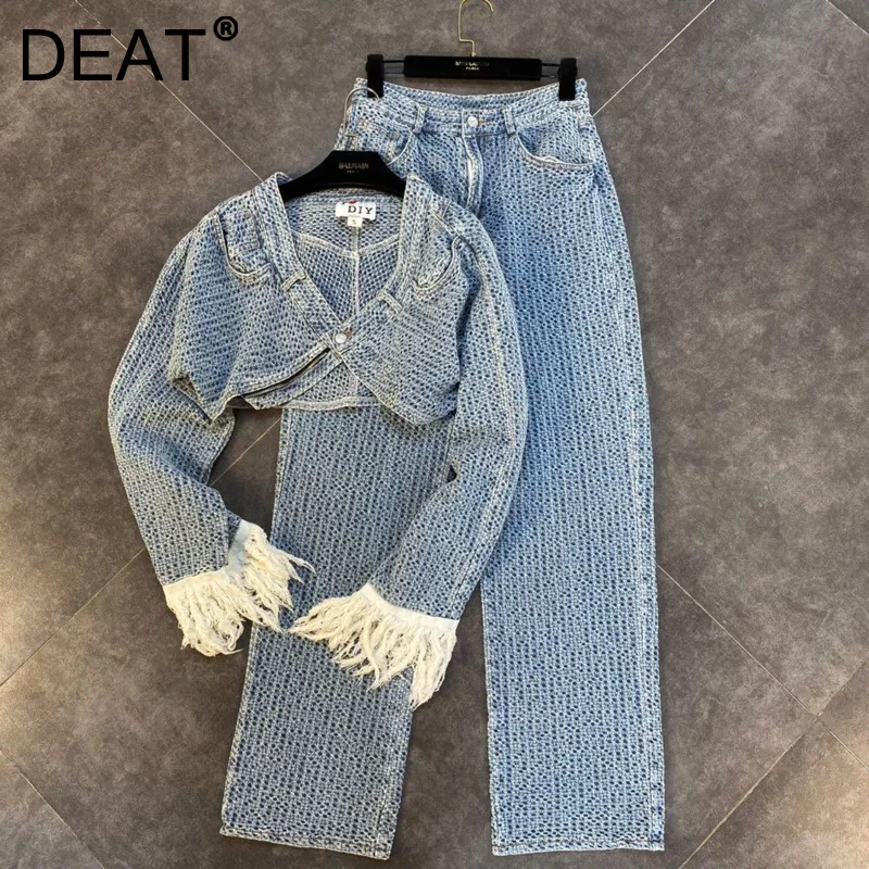 DEAT 2024 Spring New Items Long Tassel Sleeve Single Button Denim Short Jacket High Waist Full Jeans Two Piece Set Women MK359