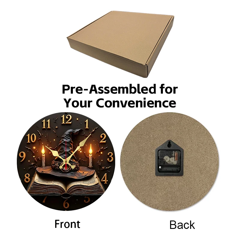 ساعة حائط خشبية دائرية صامتة معلقة على شكل قبعة ساحر وكتب، مناسبة لغرفة المعيشة والمكتب وغرفة الدراسة وغرفة النوم وديكور المنزل - 6