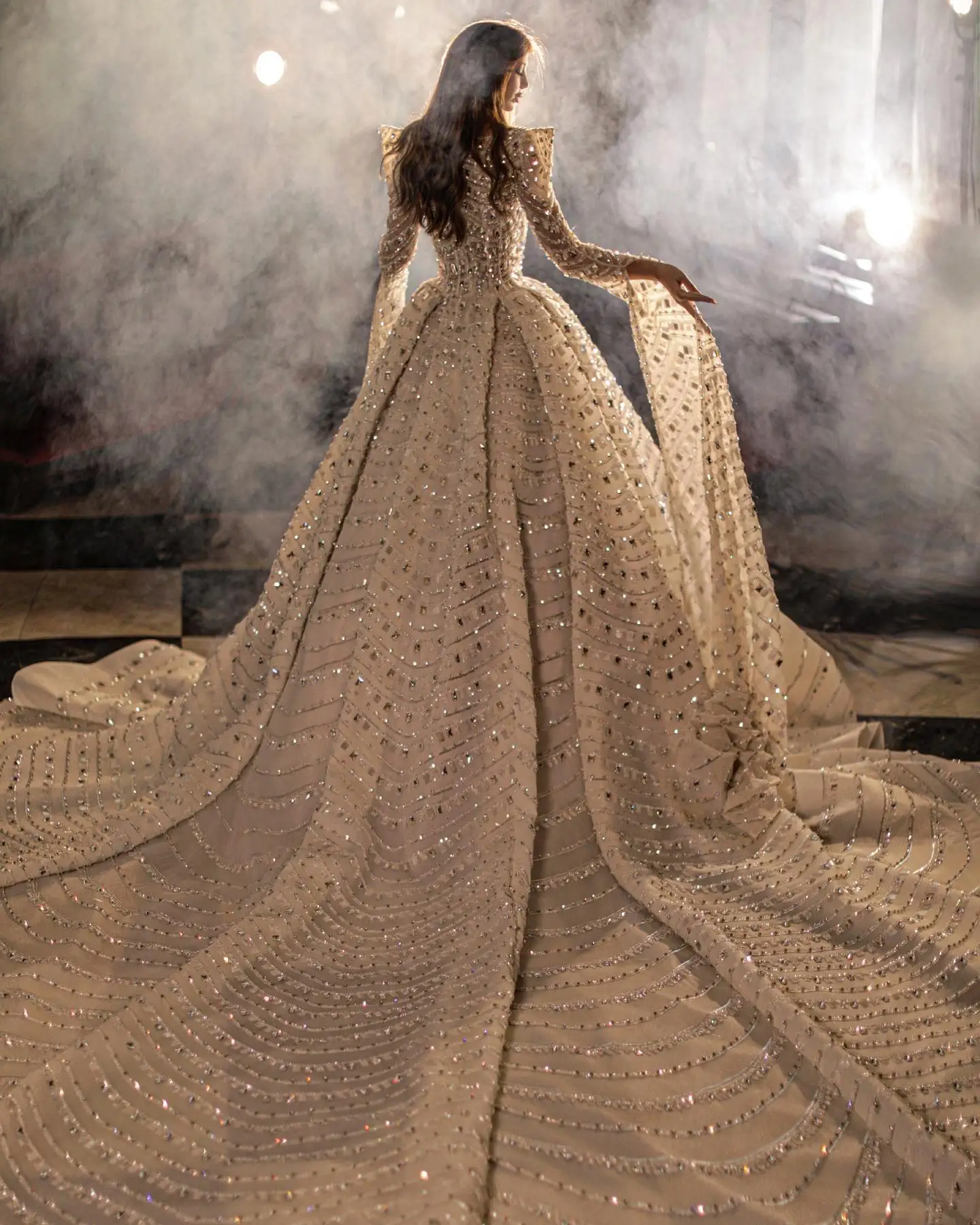 ROSEINTHEBOX Customized Beaded Wedding Dress Tank Sleeve Glitter Crystal Bodice Full Sleeve Bridal Gown Cathedral Tail Bridal