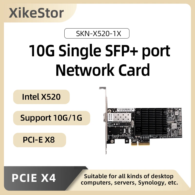 XikeStor 10G Single SFP+ Port Network Card with X520-DA1 Chip PCI-E X8 Fiber Optics NIC Server Adapter