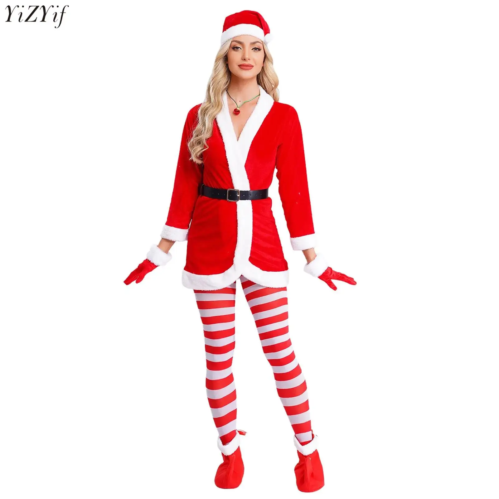 

Womens Mrs Santa Claus Costume 5-piece Hooded Dress+Belt+Striped Stockings+Hat+Shoes Christmas Xmas Theme Party Dress Up Outfit