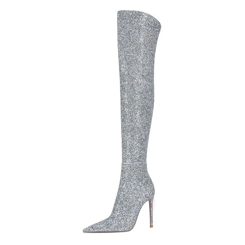 Arden Furtado 2024 Winter Women's Sequin cloth Thigh high boots Pointed toe Sexy Super high heel Side zipper Modern boots