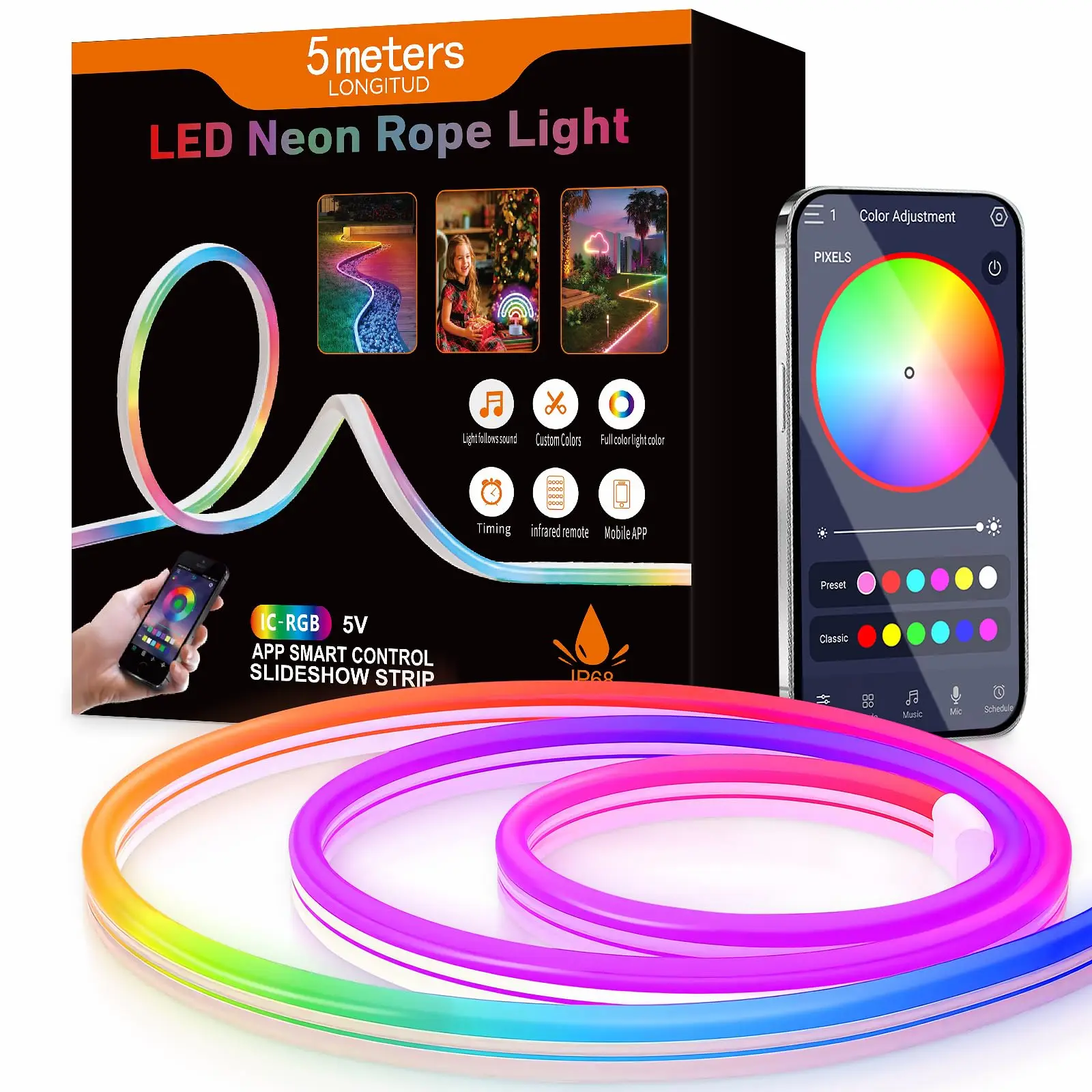 Smart WiFi and Bluetooth RGBIC Neon LED Strip Lights Dreamy Colors Chasing USB 5V LED Light Rope Room Decor Atmosphere Lamp