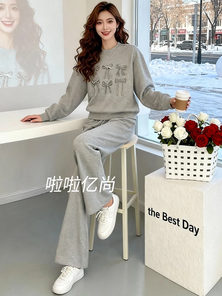 Thickened Fleece Casual Sportswear Set Women's Spring New Style Youthful Grey Sweatshirt Wide Leg Pants Two Piece Set view 5