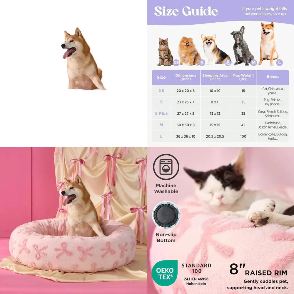 

Большая круглая кровать для собаки — успокаивающая в помещении кровать для домашних животных с моющимся жаккардовым плюшем, противоскользящим, 36-розовой тафтой