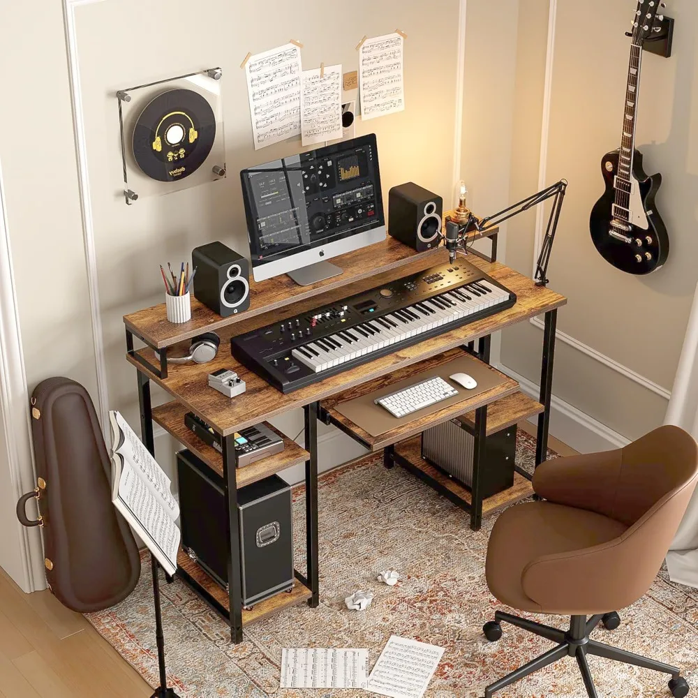 

Computer Desk with Keyboard Tray, 47 Inch Office Desk with Monitor Stand and Storage Shelves, Music Studio Desk Workstation