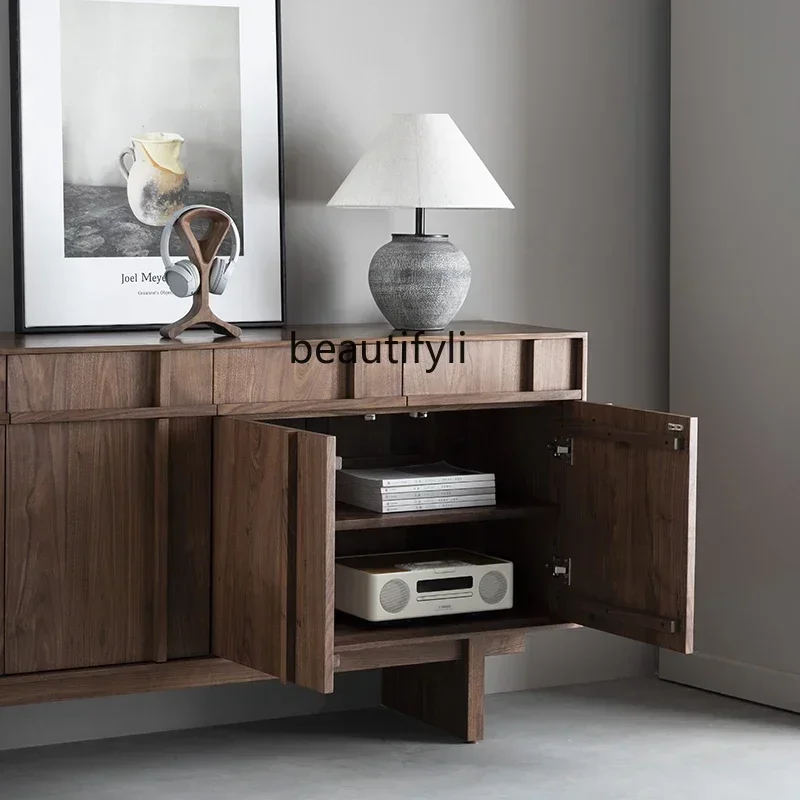 

zq1North American black walnut solid wood dining side cabinet Nordic wabi wind entrance locker Medieval storage cabinet