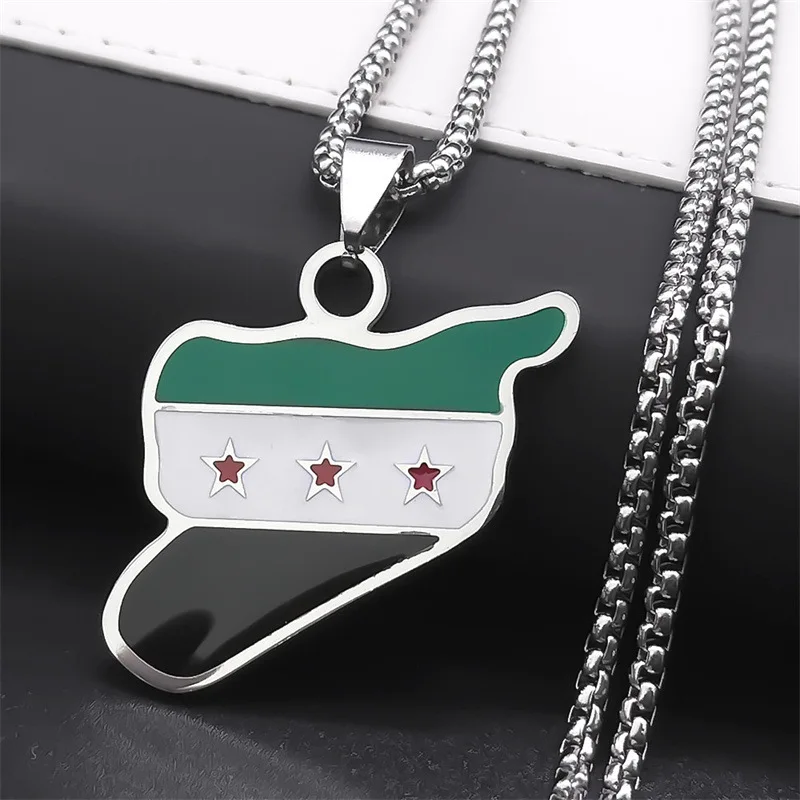 New Syrian Map Flag Pendant Necklace Vintage Stainless Steel Oil Dripping Sweater Pendant For Men Women Jewelry Accessories