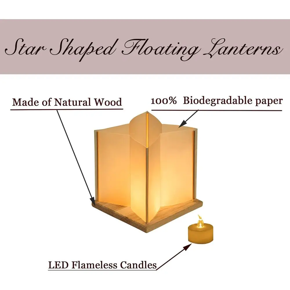 Pacote com 10 Lanternas Flutuantes em Forma de Estrela de 6 Polegadas com Base de Madeira à Prova d'Água, Decoração com Lanternas de Papel e Vela LED