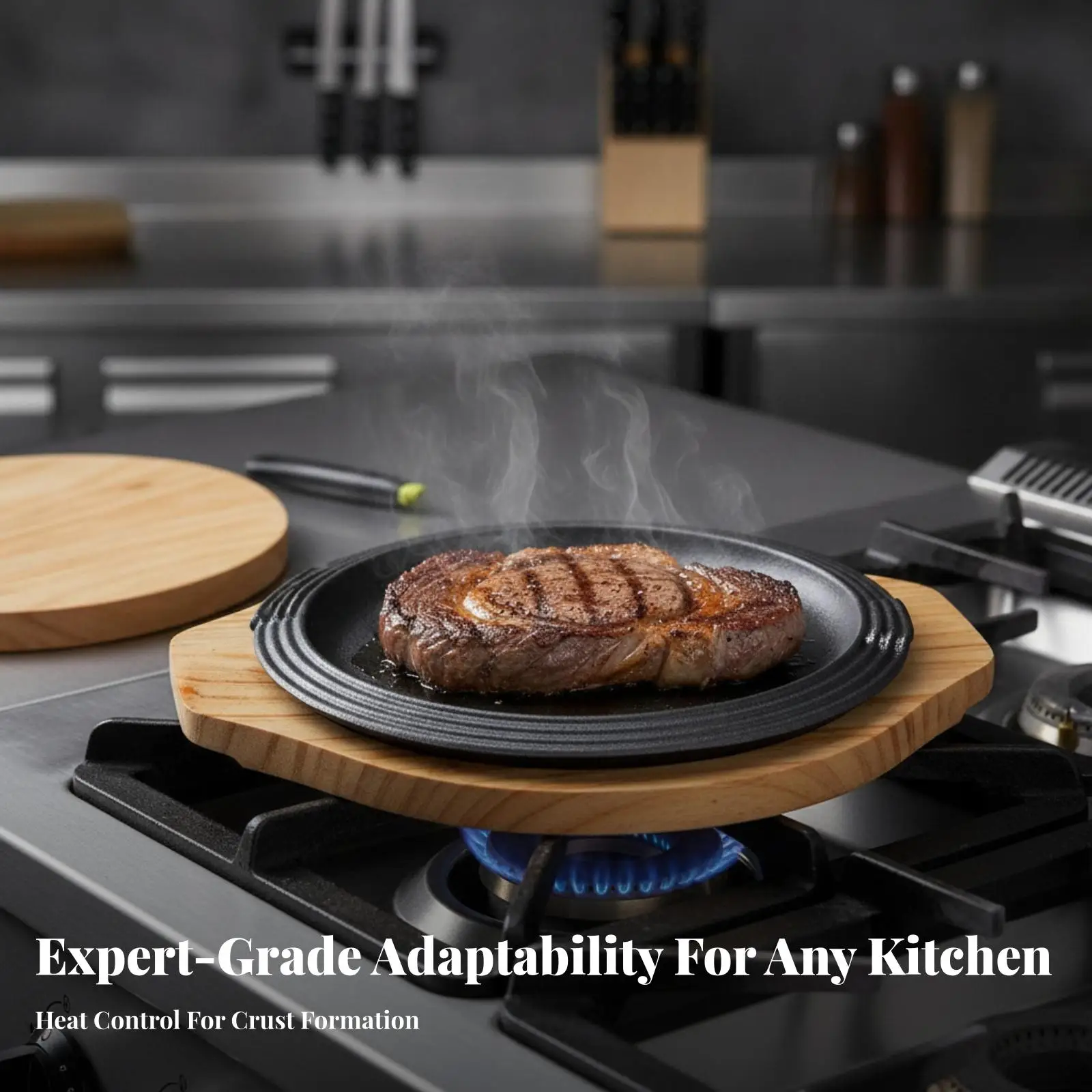 Round Cast Iron Grill Pan Uncoated Sizzling Plate with Heat Insulated Board for Steak