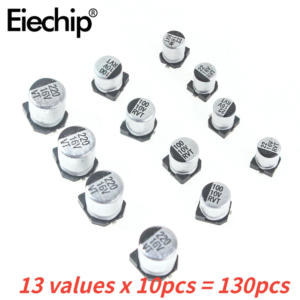 

130PCS 1UF-220UF SMD Aluminum Electrolytic Capacitor Kit 13 Values Set of capacitors Assorted Pack 16V 25V 50V 4.7UF 10UF 22UF