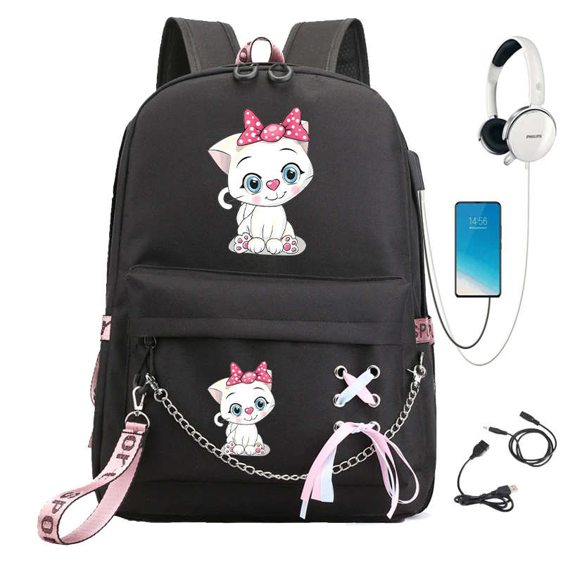 Students Backpack School Bag Back Pack Teenager Schoolbag Cartoon Cat Cute Kitten Boy Girls Backpack Canvas Usb Charging Bookbag