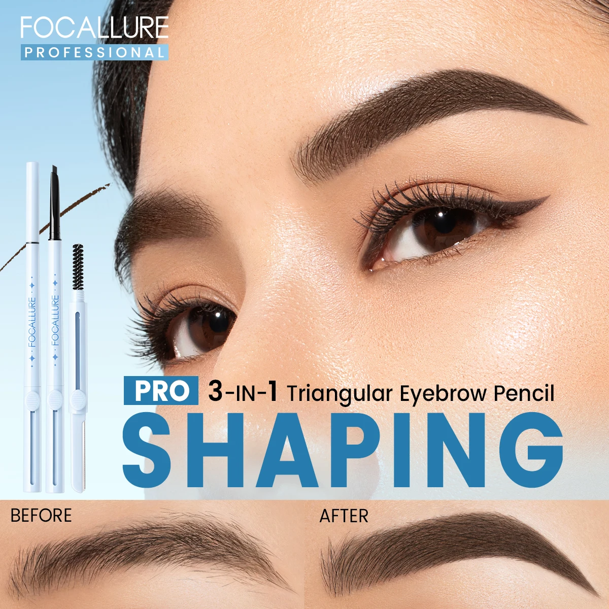 FOCALLURE 3 Colors Eyebrow Pencil  Waterproof Long-lasting 3 In 1 Ultra Fine Triangle Eye Brow Makeup Cosmetics