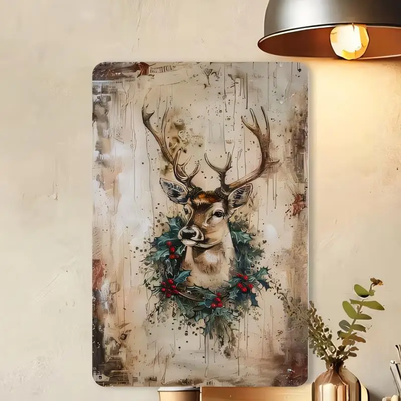 Vintage Iron Deer Wall Art with Holly Berries, Grunge Design - Retro Christmas Decor for Home, Cabin | Artistic Tin Sign, Festiv