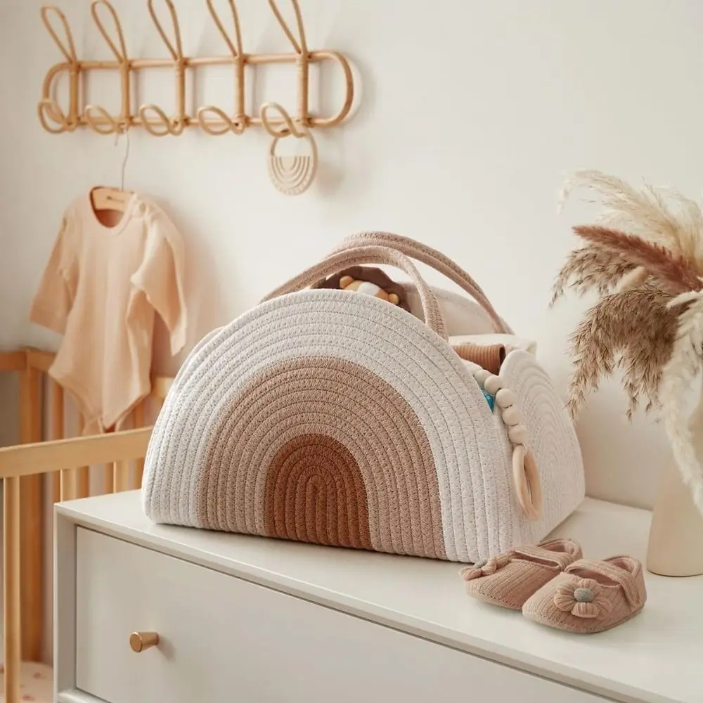 

Multifunctional Baby Diaper Bag with Handle Large Capacity Woven Basket Cotton Rope Folding Diaper Organizer Travel Tote