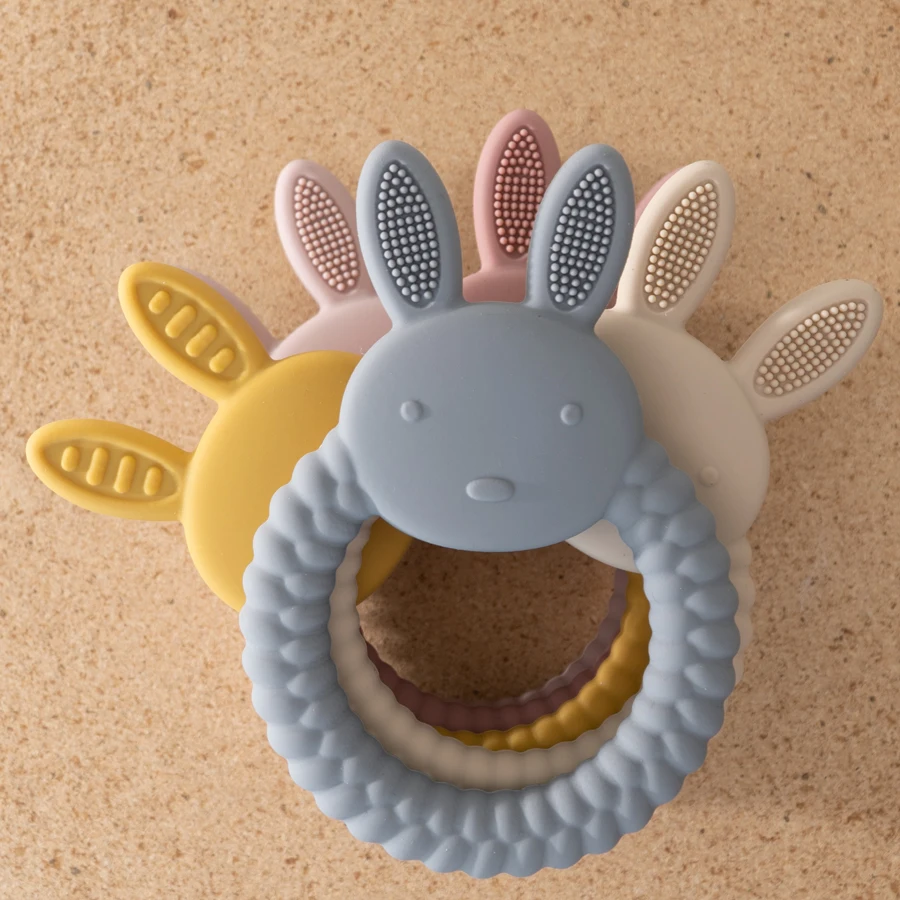 New Design Baby Rabbit Baby Toy Food Grade Safe Silicone Toothbrush Teether Toy Teething  Set For Newborn Gift