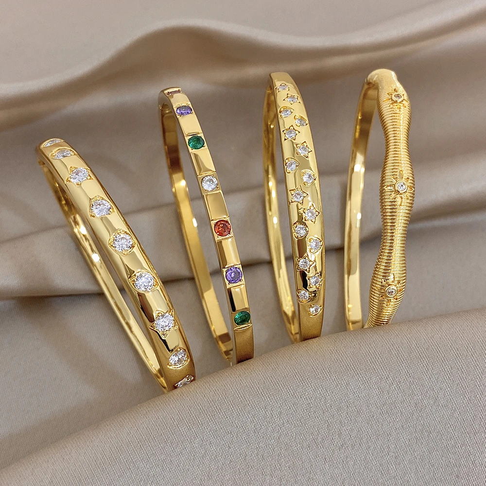 Greatera Heart-shaped Star Zirconium Copper Bracelet Corrugated Point-drilled Plated Gold Waterproof Women's Bangles Jewelry