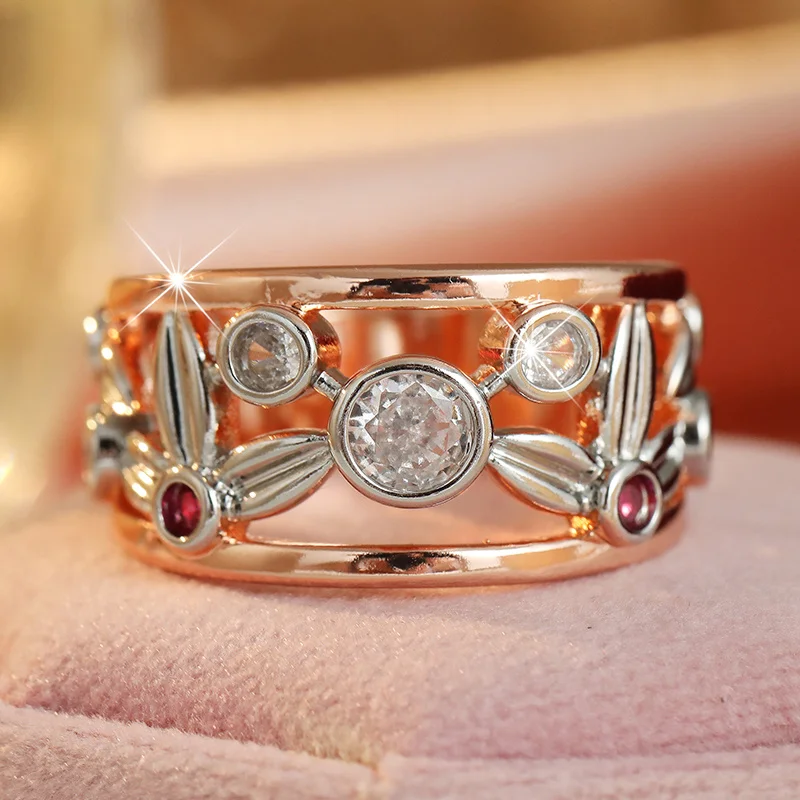 Damenring mit Durchbrochenem Design, Weitem Ring, Weinblatt-Relief und Synthetischem Zirkon, Vielseitiger Ring für Tägliche Mode und Schmuck-Accessoires