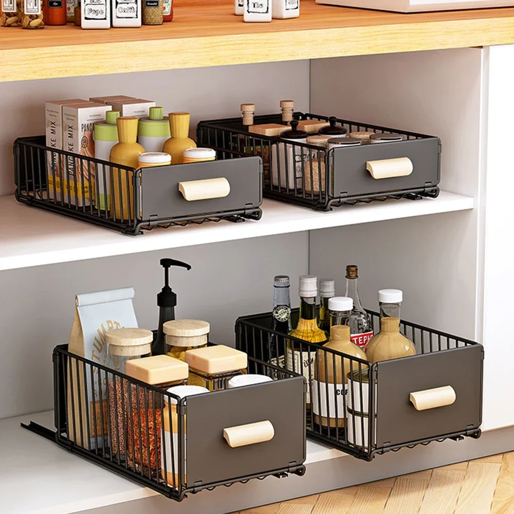 

Kitchen Telescopic Out Storage Rack Foldable Cabinet Condimenters Storage Baskets Drawer Slide Out Organizer Shelf Box Tools