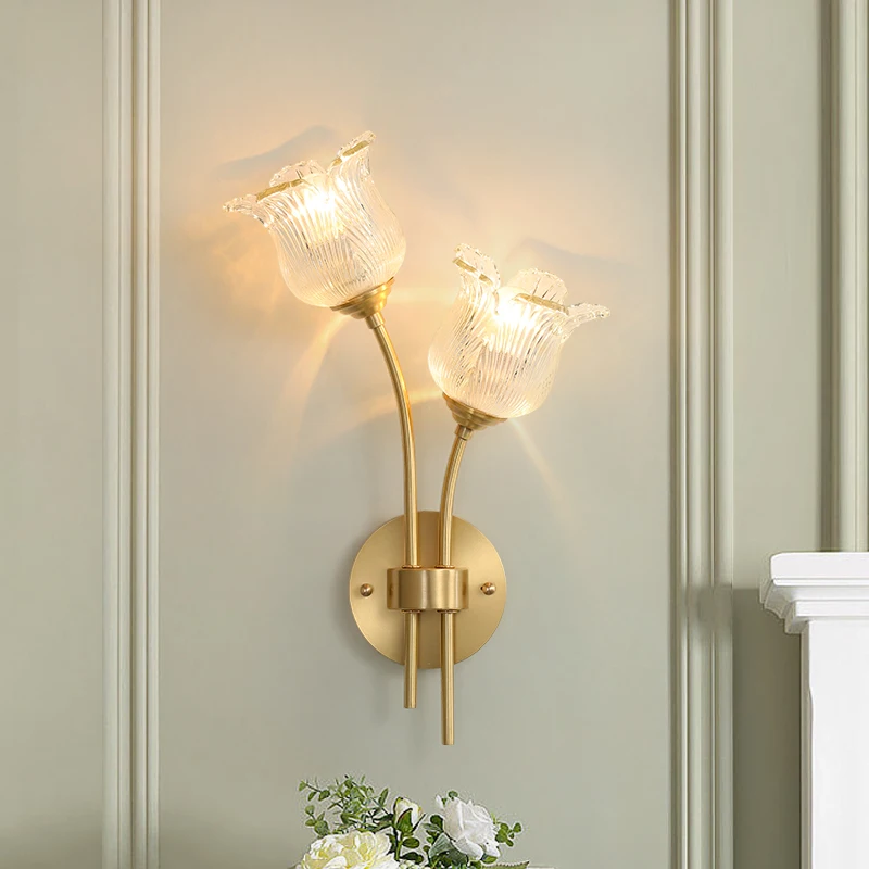 All-copper double-head wall lamp glass living room TV background wall American aisle cream wind bedroom bedside