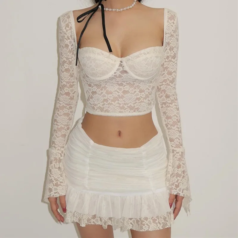 

Low Cut Square Neck Flared Long Sleeved Top White Lace Skirt Set for Women