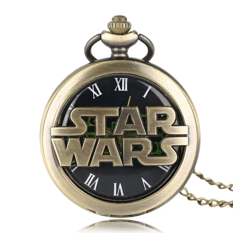 Star Wars Anime Carved Quartz Pocket Watch Roman Numeral Necklace Pendant Gift for Women Man with Fob Antique Chain Clock Chain