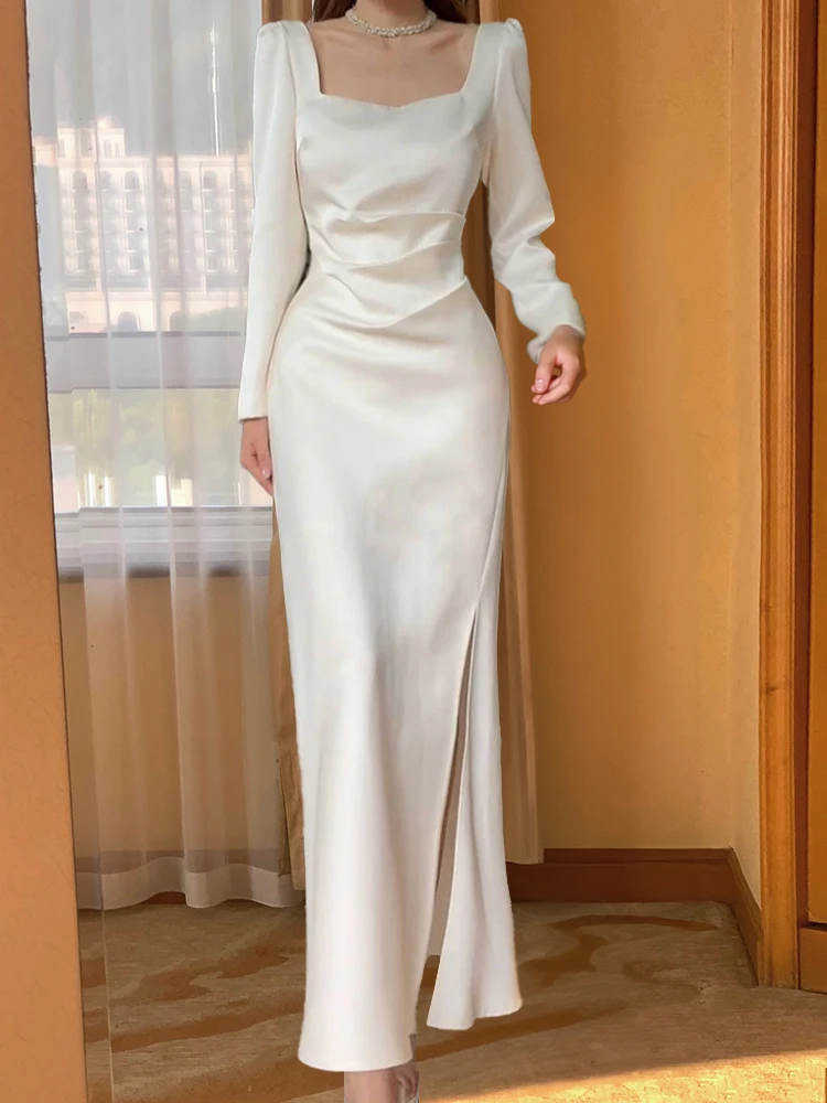 Elegante Vestido de Satén Blanco para Mujer, Vestido de Ceremonia de Alta Gama, Vestido de Novia, Vestido de Comunión, Manga Larga, Largo hasta el Suelo