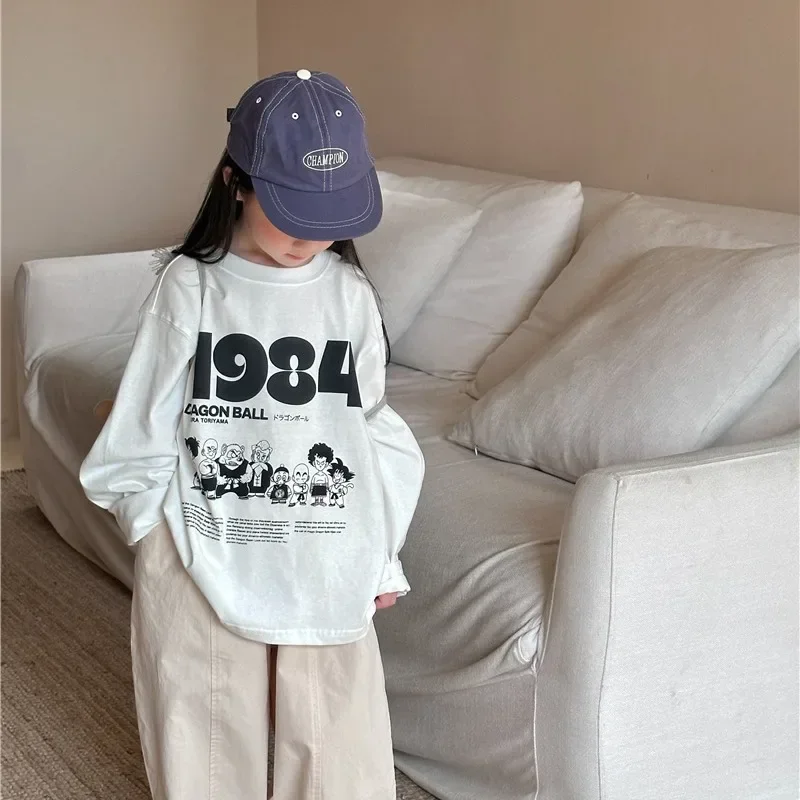 

2025 Spring Boys and girls cartoon Letters cotton T shirts Kids O-Neck loose long sleeve Tops