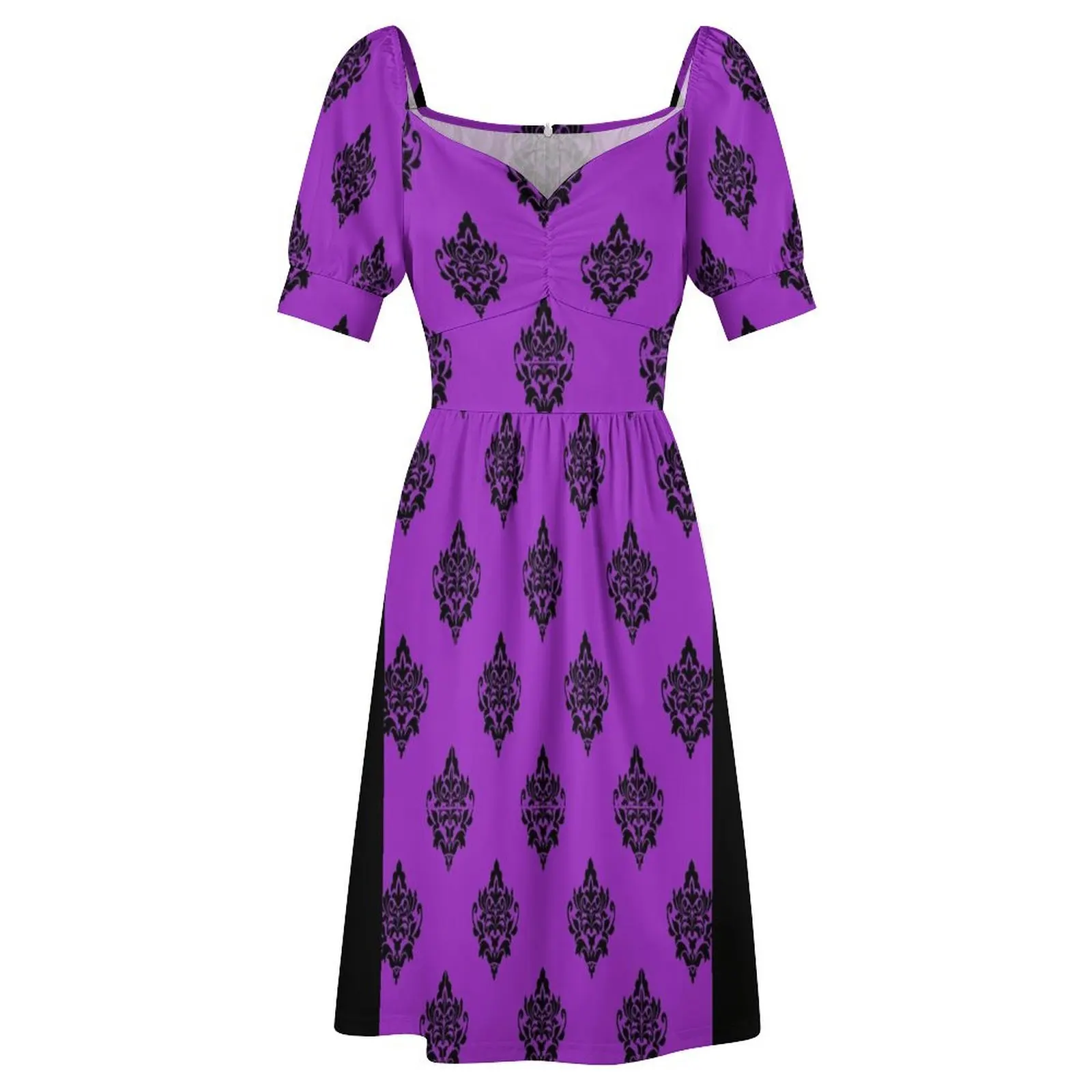 Vintage Black Purple Damask Pattern Short-Sleeved Dress luxury evening dress woman for wedding dresses for prom