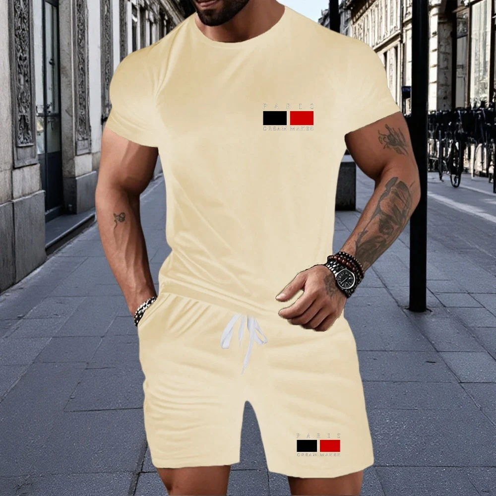 

Men's Summer Running Breathable Sportswear, Short Sleeved T-shirt+printed Shorts Two-piece Set, Casual/fitness/home 2-piece Set
