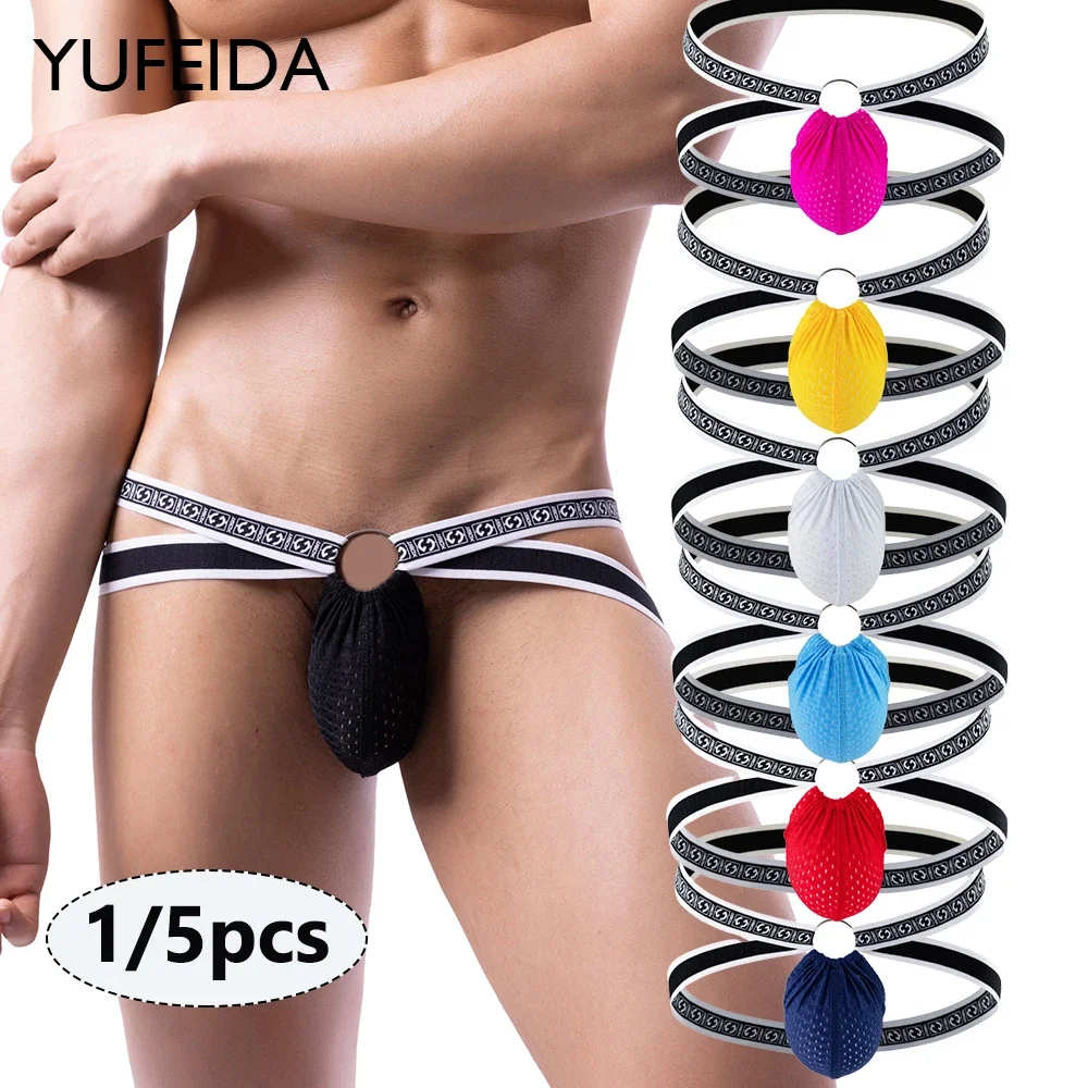 

YUFEIDA 1/5pcs Men's Buttocks G Strings and Thongs Underwear Men Sexy Bandage Jockstrap Pouch Cuecas Man Panties Mesh Underpants