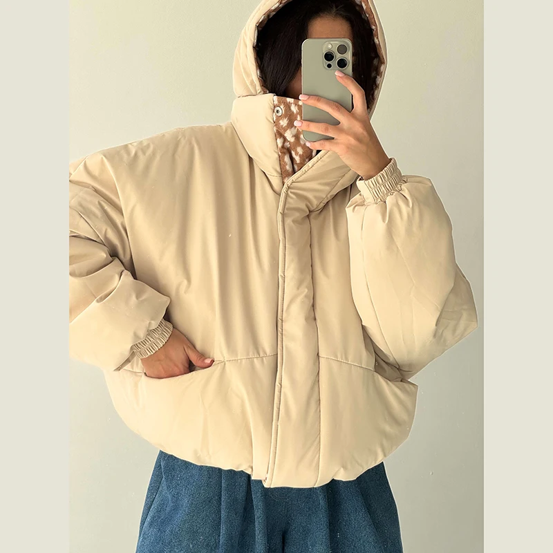 Women Reversible Hooded Cropped Jacket Deer Spotted Print Oversized Zip Up Warm Short Winter Coat Drawstring Outerwear