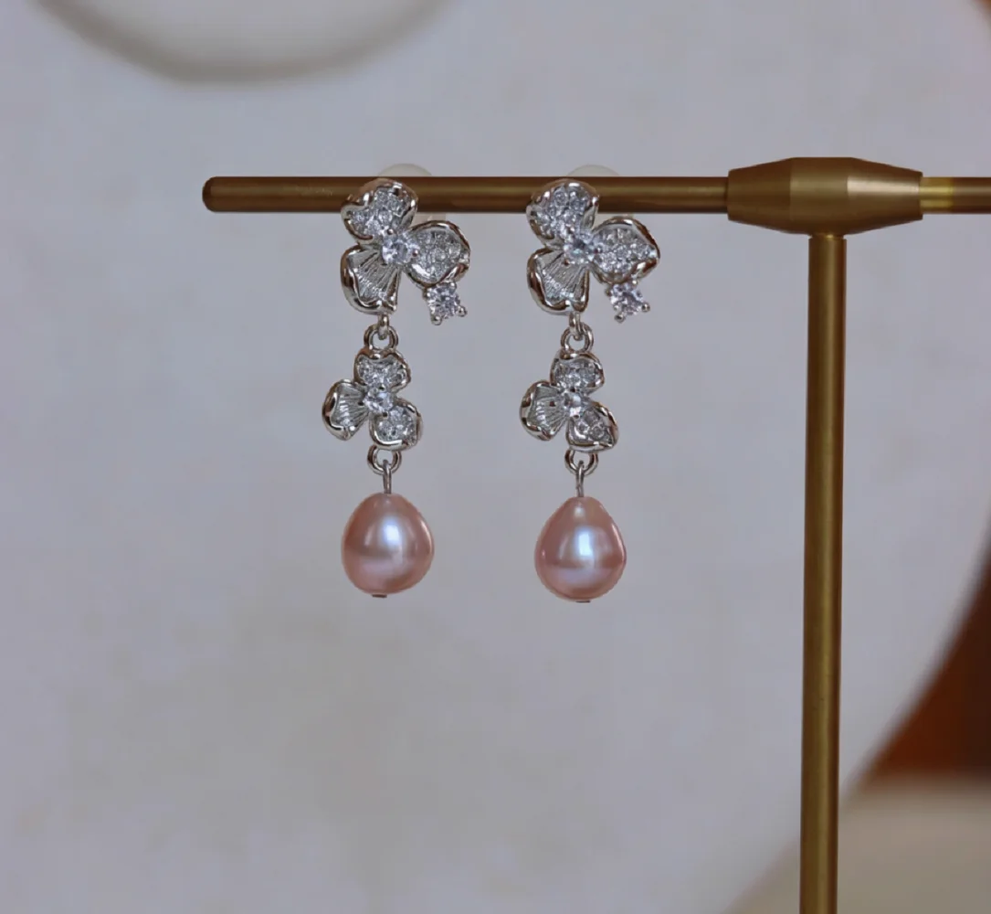 Natural Baroque purple pearl earrings, paired with high-end sparkling flower earrings 925s--AAA8-10mm 