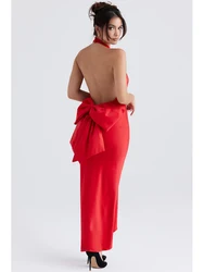 Sexy Backless Bow Christmas Bodycon Long Dress Elegant Red Halter Sleeveless Bow Designer Slim Dress Evening Party Club Dress
