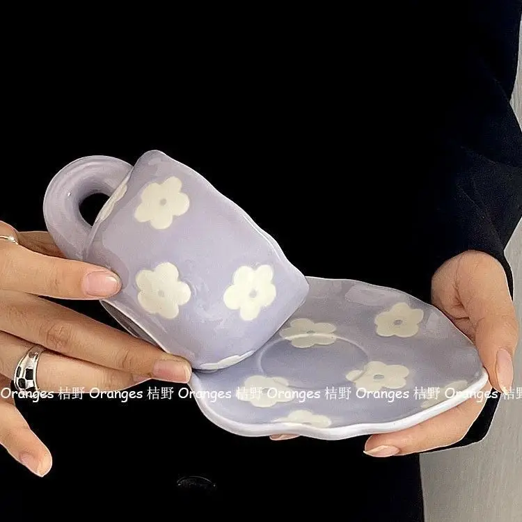 Mug Niche Light Luxury Hand-painted Purple Flowers Coffee Mug Plate Tea Belt Ceramic Mug High Appearance Level