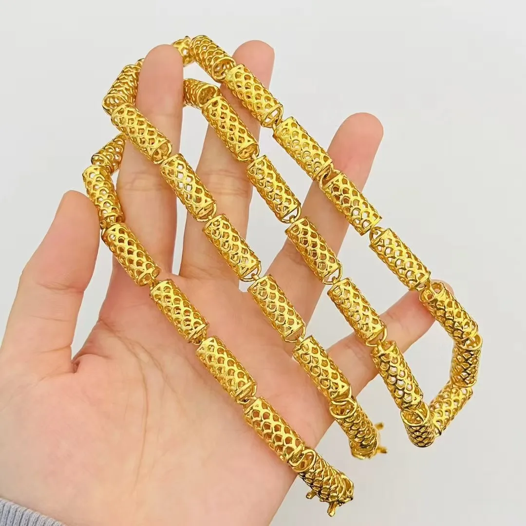 Luxury 24K 9999 Pure Gold real gold Men's Cylindrical Hollow Fish Mesh Faucet Necklace