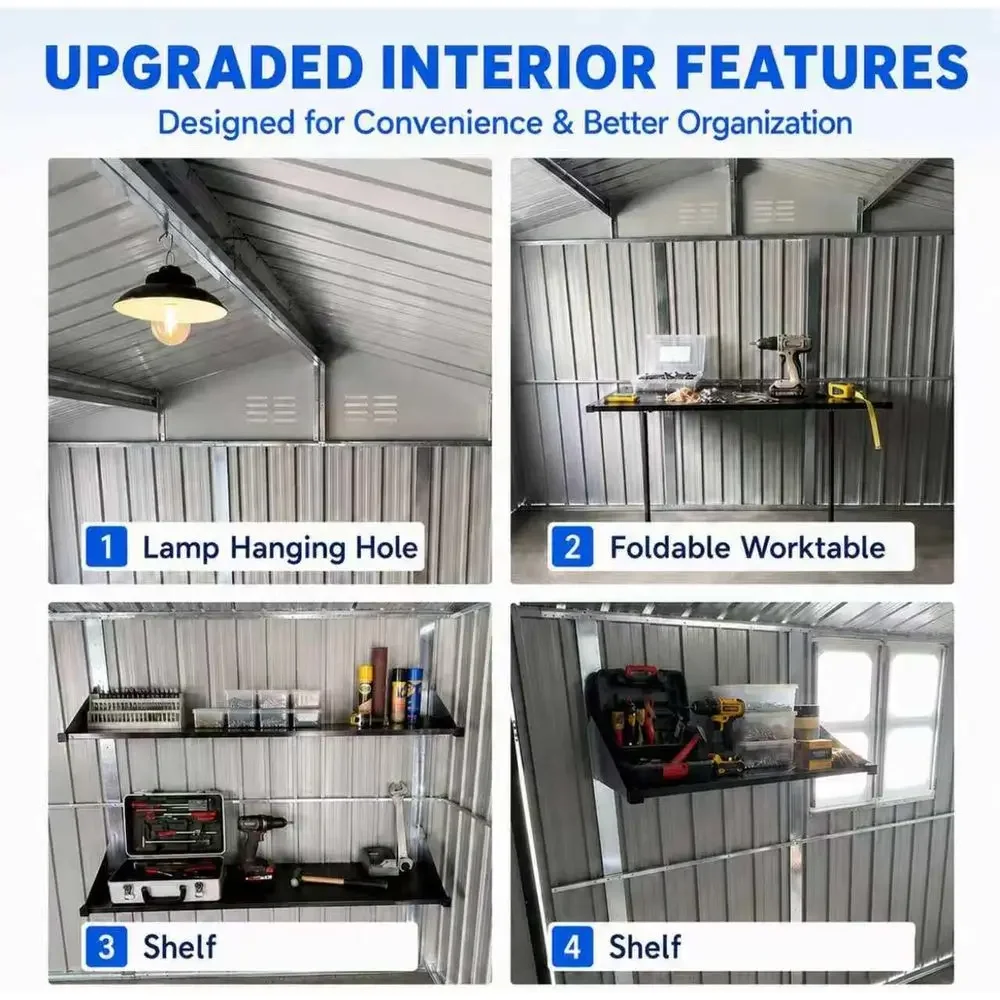10x12 Outdoor Metal Storage Shed with Window, Door, Worktable & 2 Shelves, Weatherproof Garden Shed in White & Black - view 3