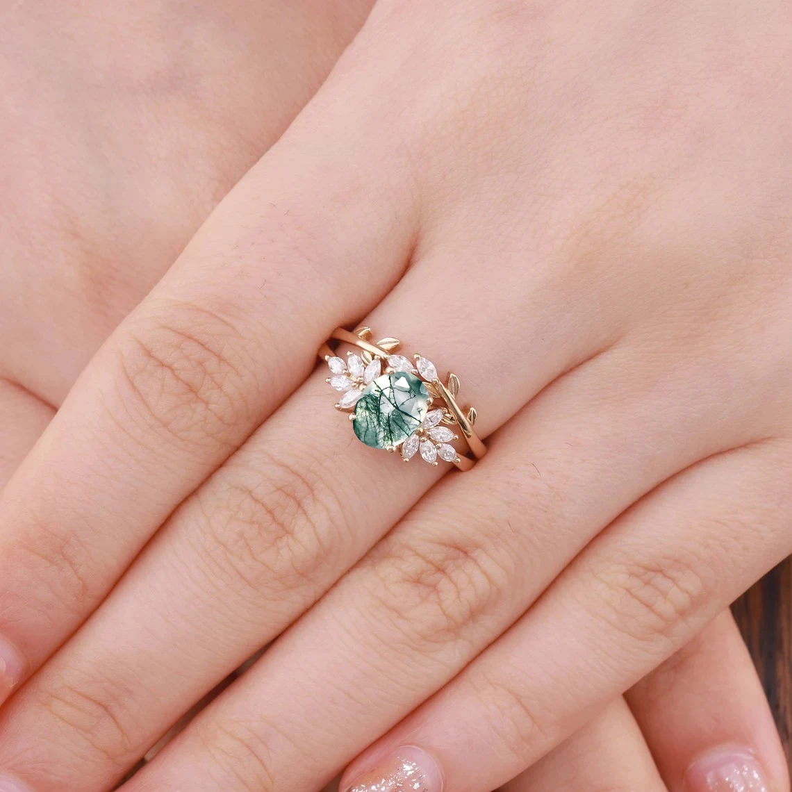 Oval Shaped Natural Moss Agate Engagement Ring for Women 925 Sterling Silver Trendy Round Cut Stacking Matching Band Bridal Set