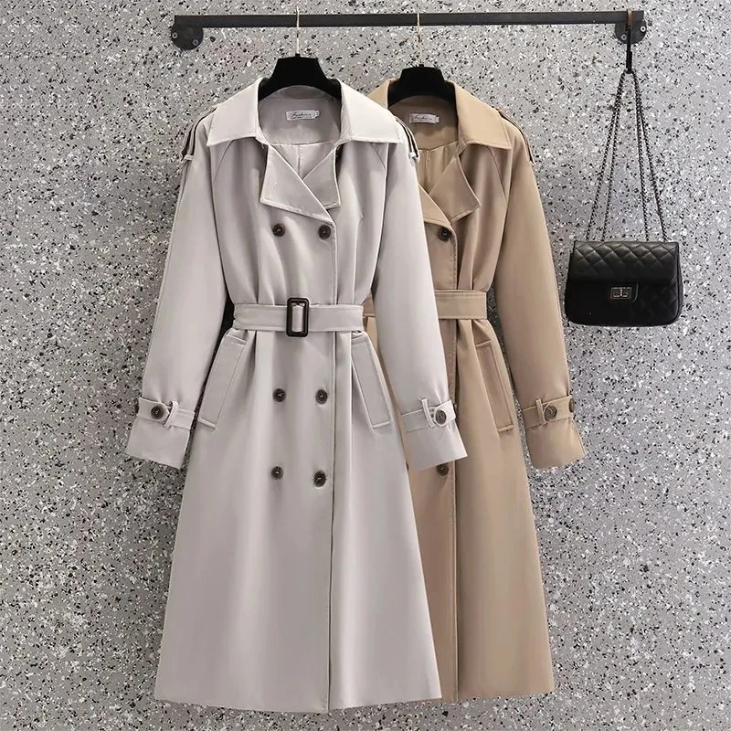 

Streetwear Loose Trench Coat Midi Length Fashion Korean Elegant Khaki Grey Women's Windbreaker Coat Casual Double Breasted Tops