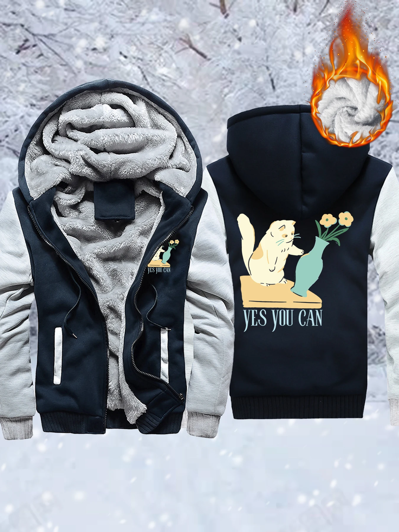 

Yes You Can Flower Cute Cat Pattern Men Thicken Coats Winter Pocket Jacket Hip Hop Oversized Hoodie Fleece Zipper Male Clothes