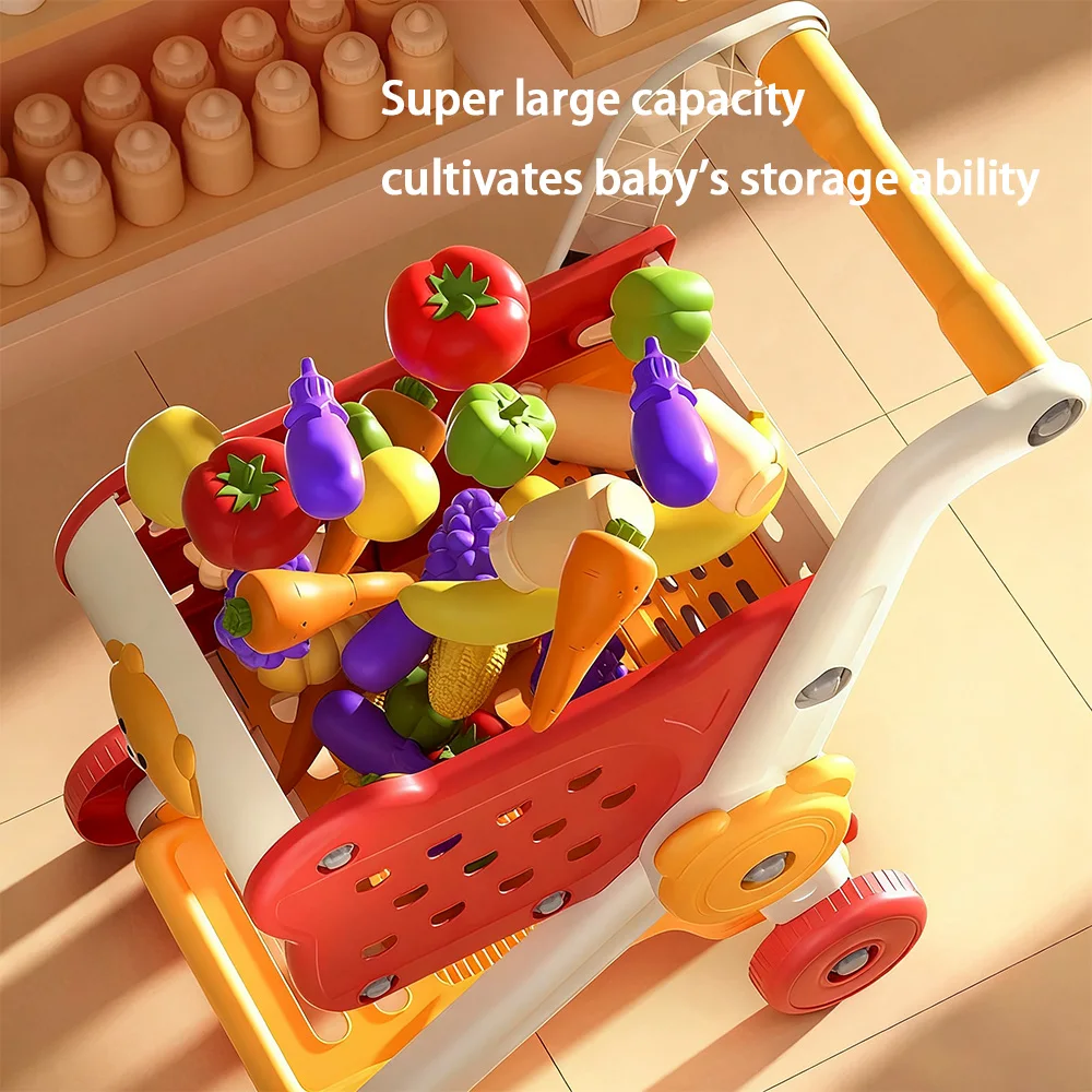 Children’s Shopping Cart Toy with Food Accessories Pretend Play Supermarket Handcart Kitchen Educational Gift