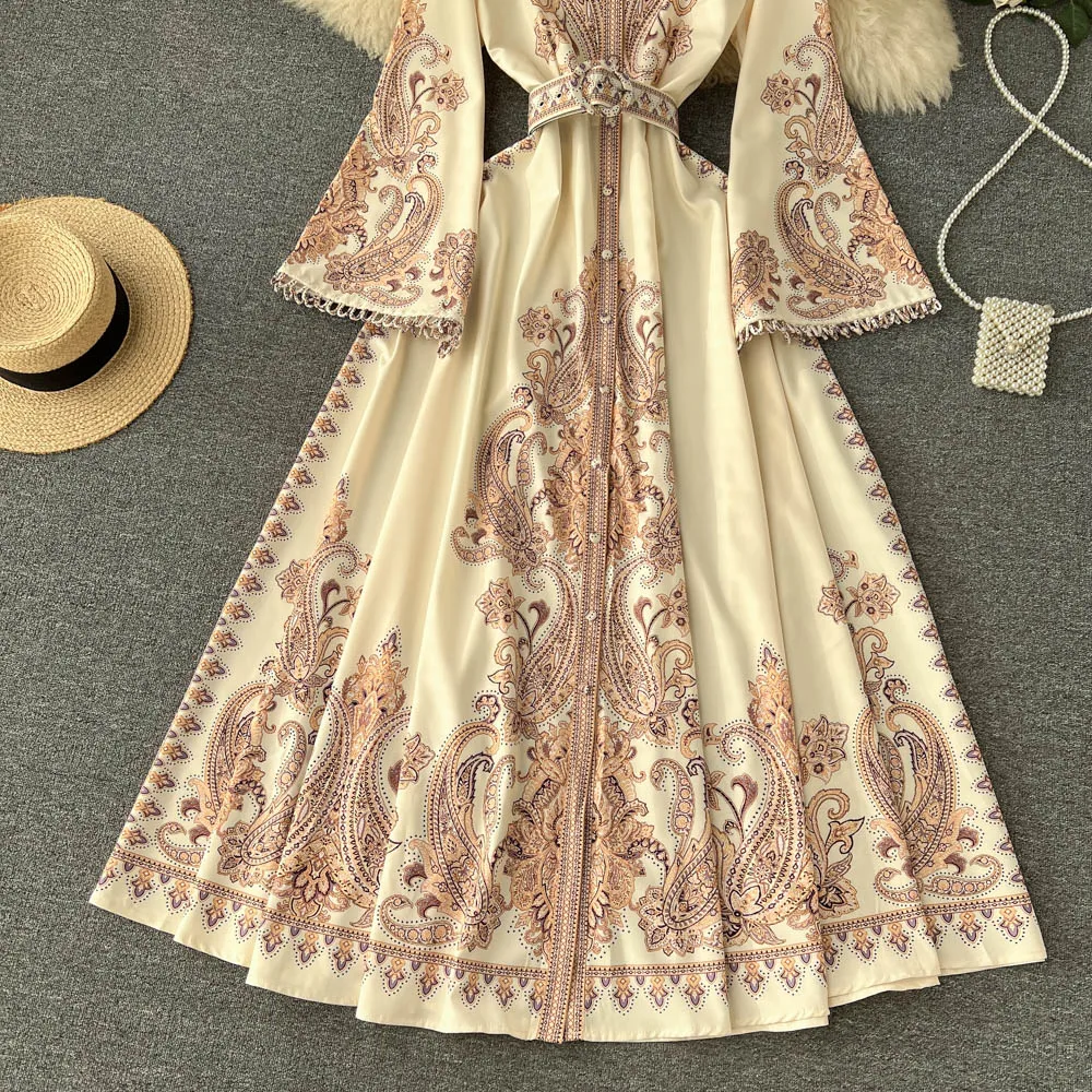 Imagem -06 - Vestidos Maxi Elegantes para Mulheres Estampa Boho Manga Alarme Botão Festa Feminina Noite Grande Balanço Cintura Alta Luxo Primavera e Outono