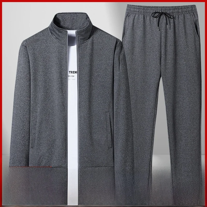 Conjunto Deportivo Estampado de Manga Larga, Mezcla de Algodón con Cuentas, Color Gris Oscuro y Negro, Nuevo Estilo Otoñal, Ropa Casual para Hombre, Camiseta y Pantalones Cortos