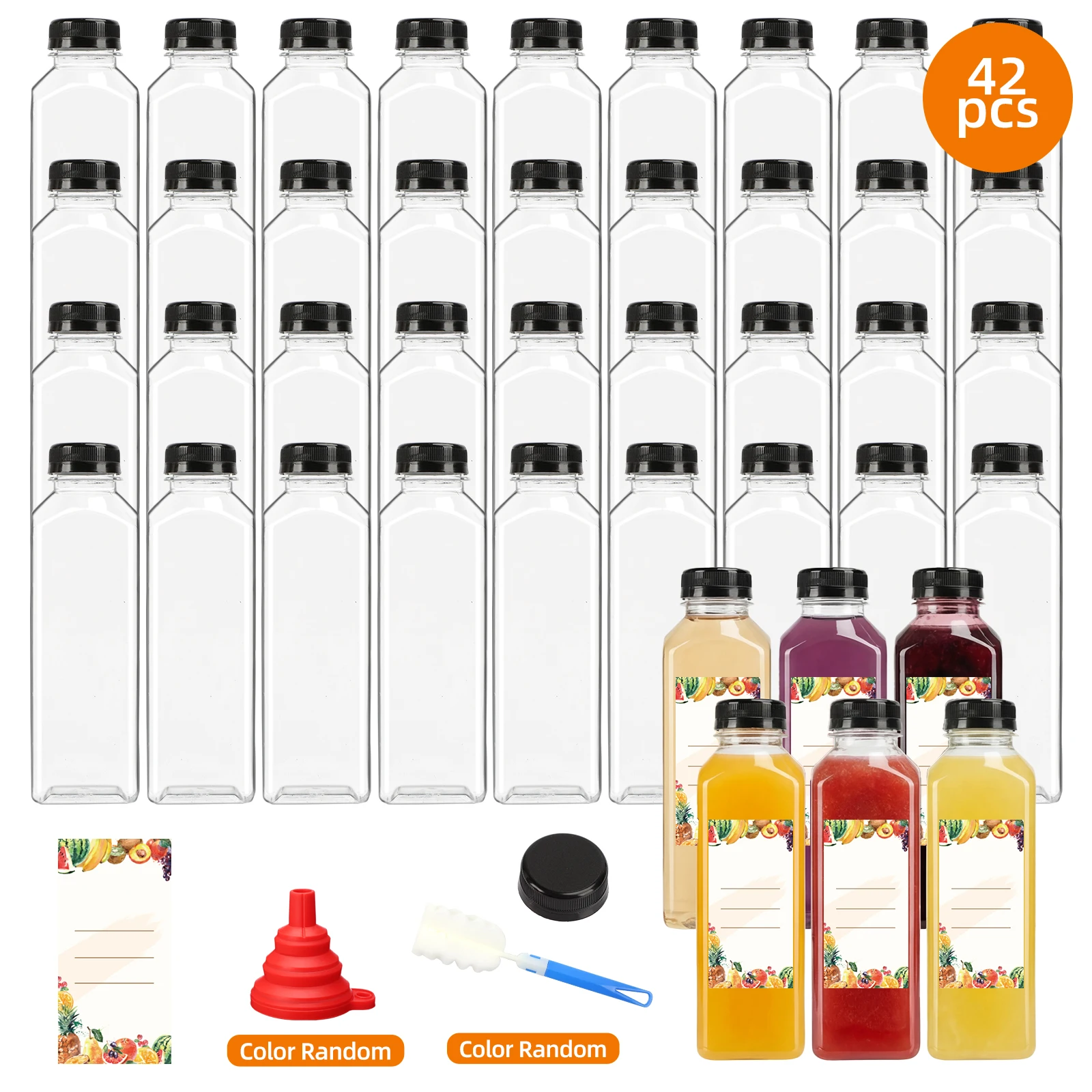 SGHUO 42pcs 16oz Clear Plastic Juice Bottles with Caps Reusable Drink Containers for Smoothies Beverage Juicing