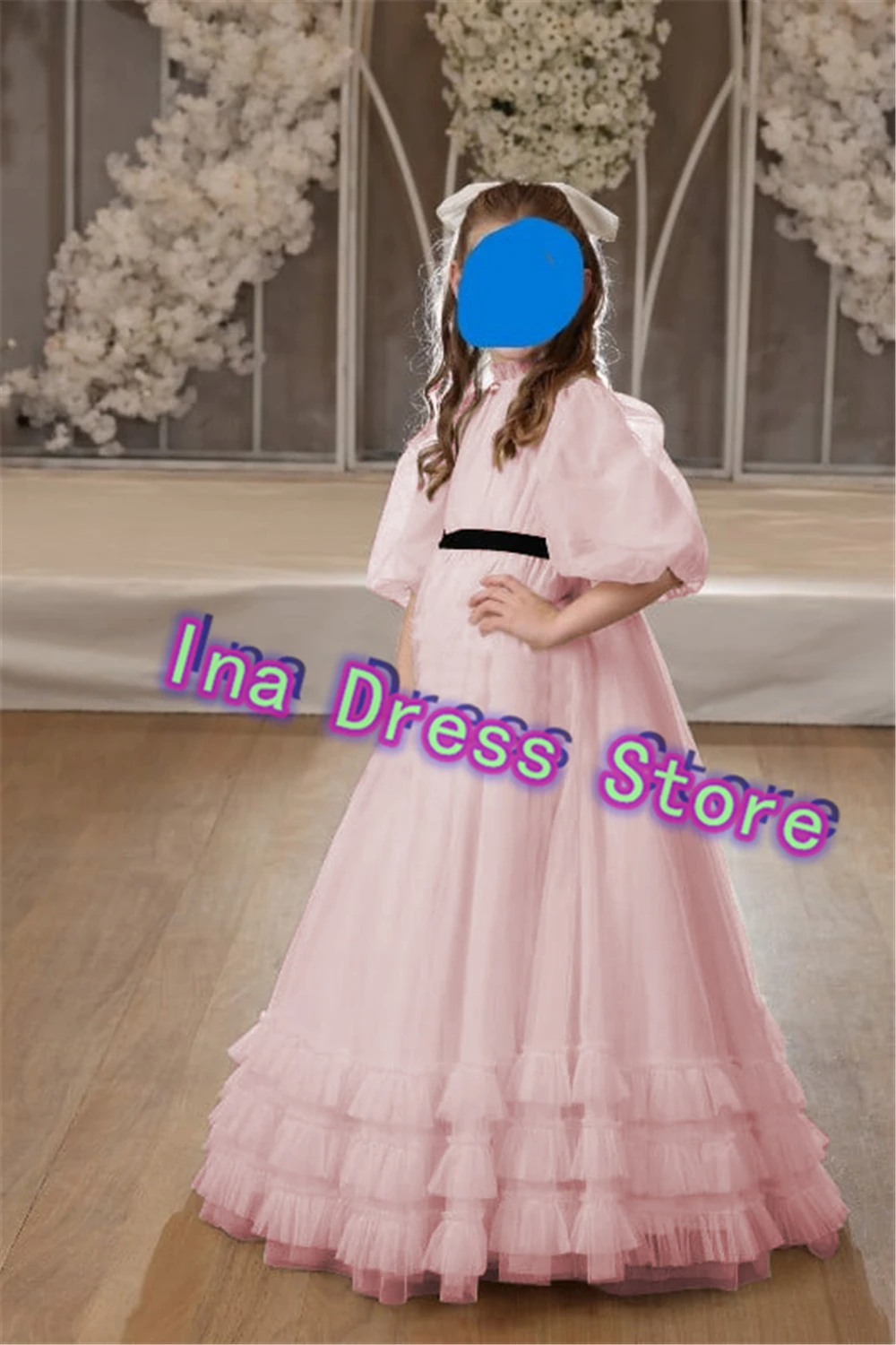 

Quality Pink Flower Girl Dress Tulle Fluffy With Black Sash Layered Kids Wedding Dresses Party Birthday Evening Communion Gowns