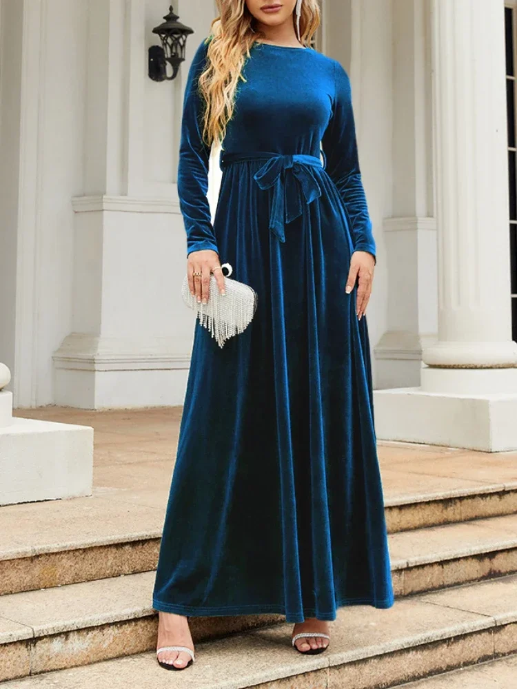 

Elegant O-neck Long Sleeve Velour Formal Evening Dress Slim Waist Design Prom Party Dresses Solid Celebrity Gown Vestidos